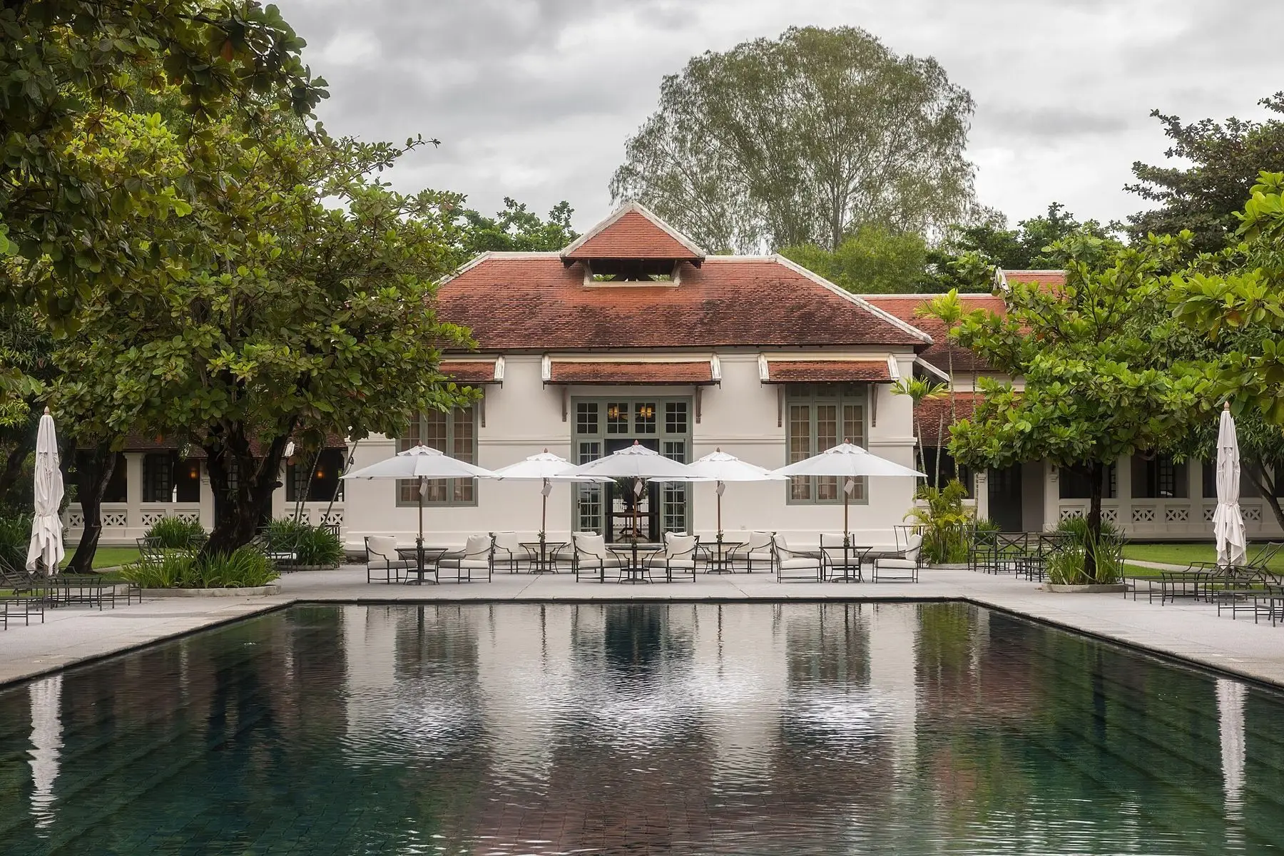 The long pool in front of the main house